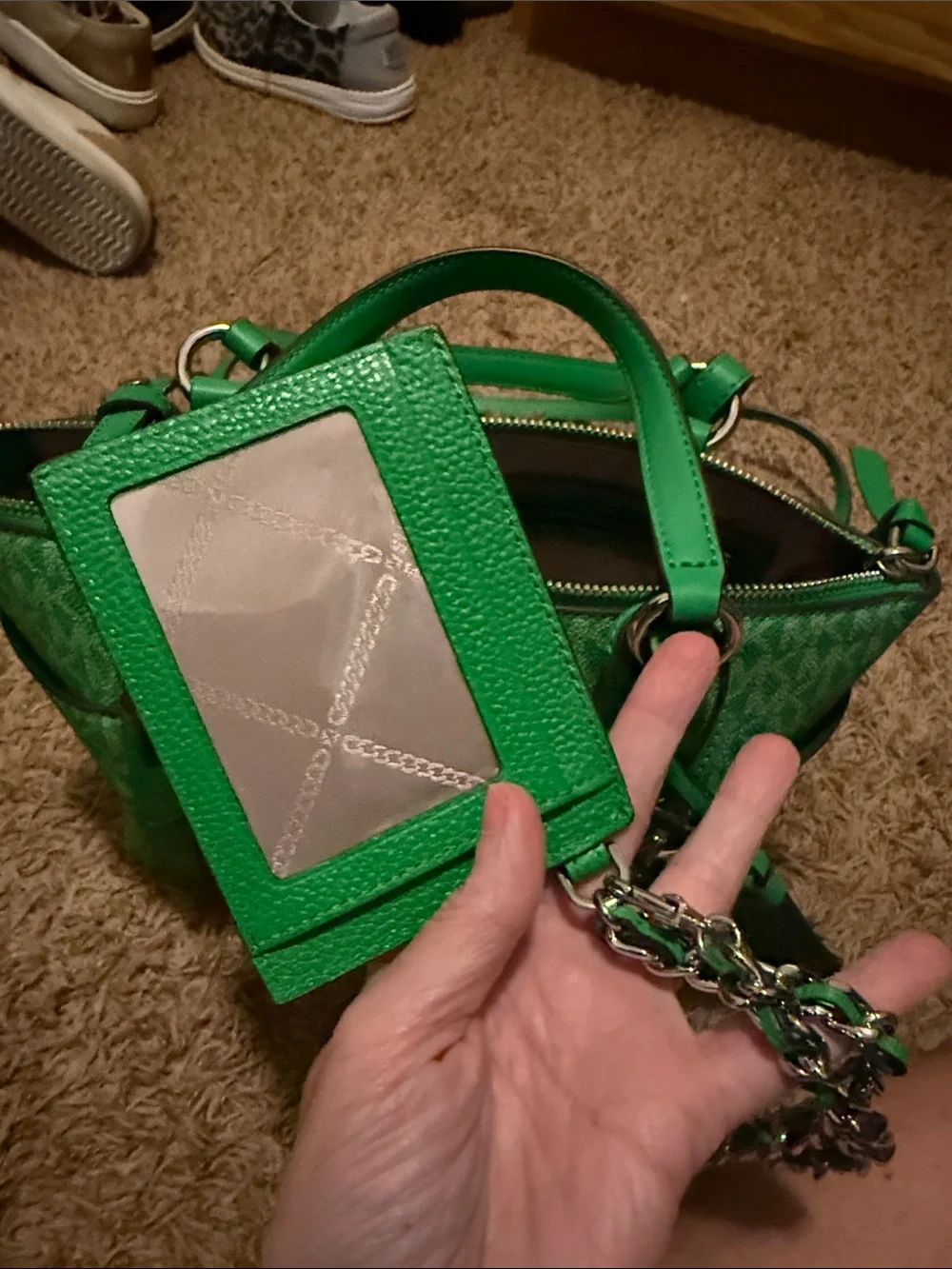 Michael Kors Green Signature Canvas Tote with Tassel Charm w/matching card hold
